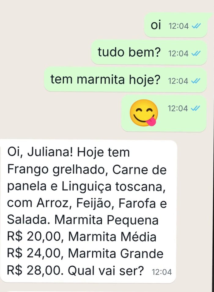 Conversa no WhatsApp: o cliente pergunta se tem marmita hoje e a Lia responde com o cardápio do dia e os preços.